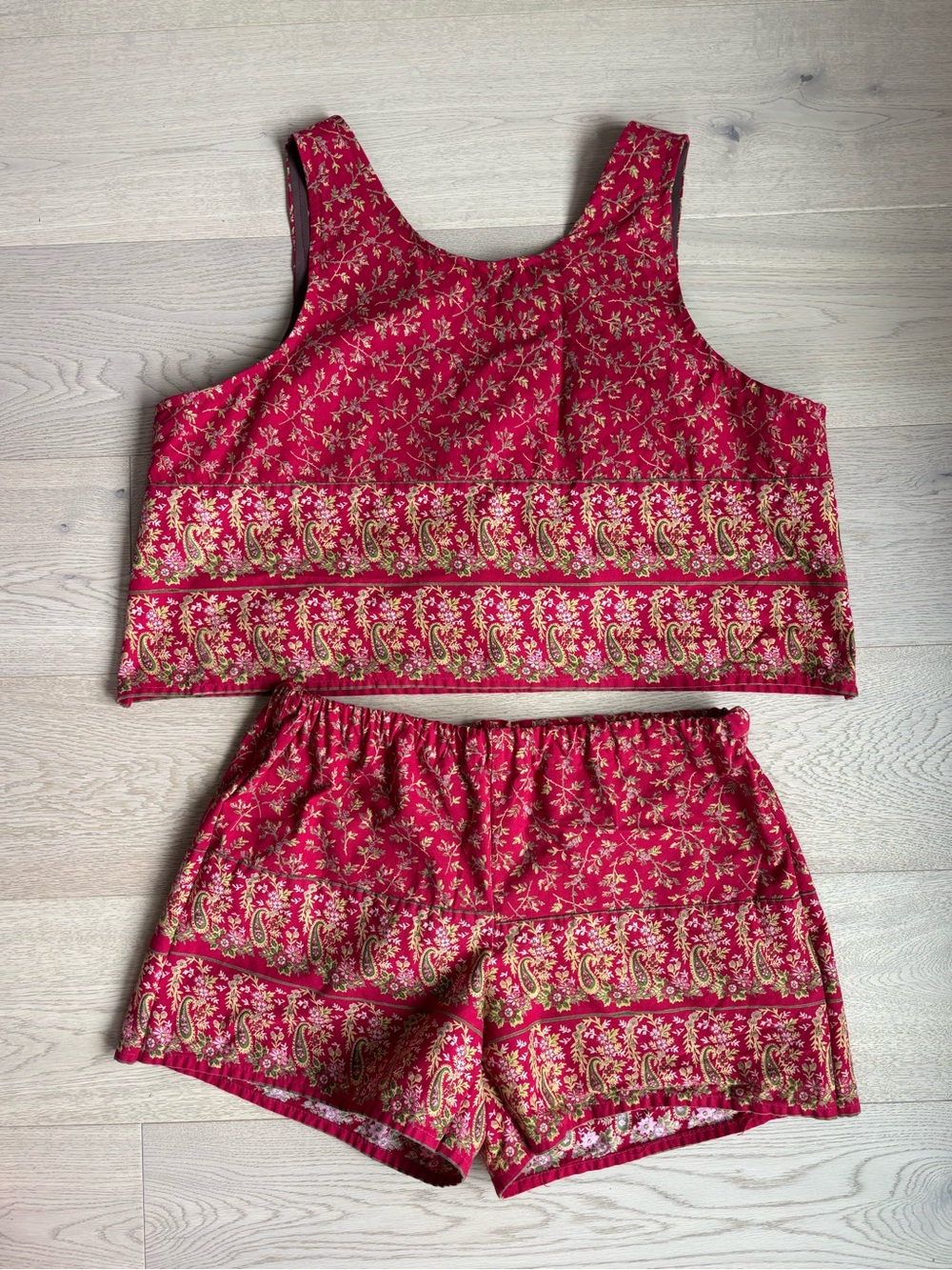 Handmade up-cycled vintage fabric two-piece shorts set